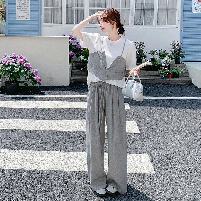 灰色ootd套装女2025夏季新款假两件拼接短袖上衣高腰阔腿裤两件套
