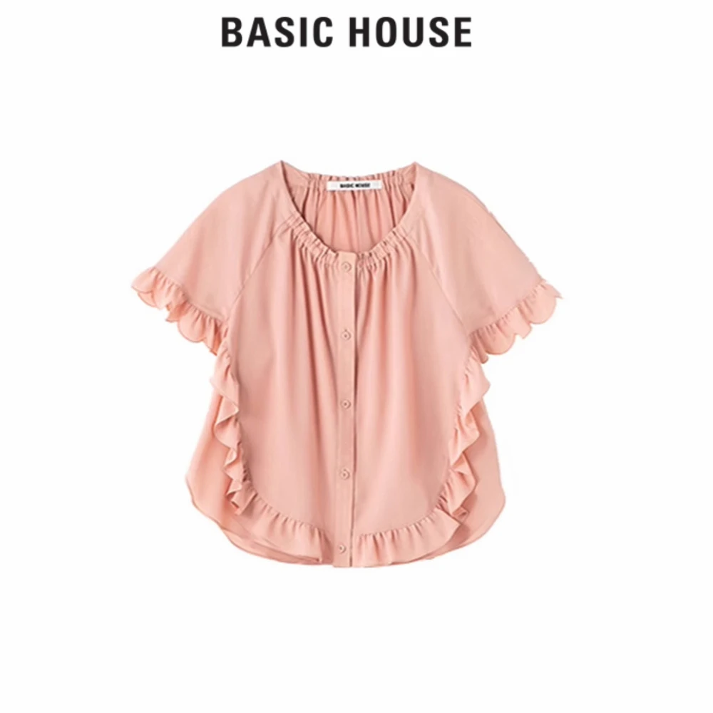 Basic House/百家好时尚木耳边圆领雪纺衫 BJ876-HVBL521DCO