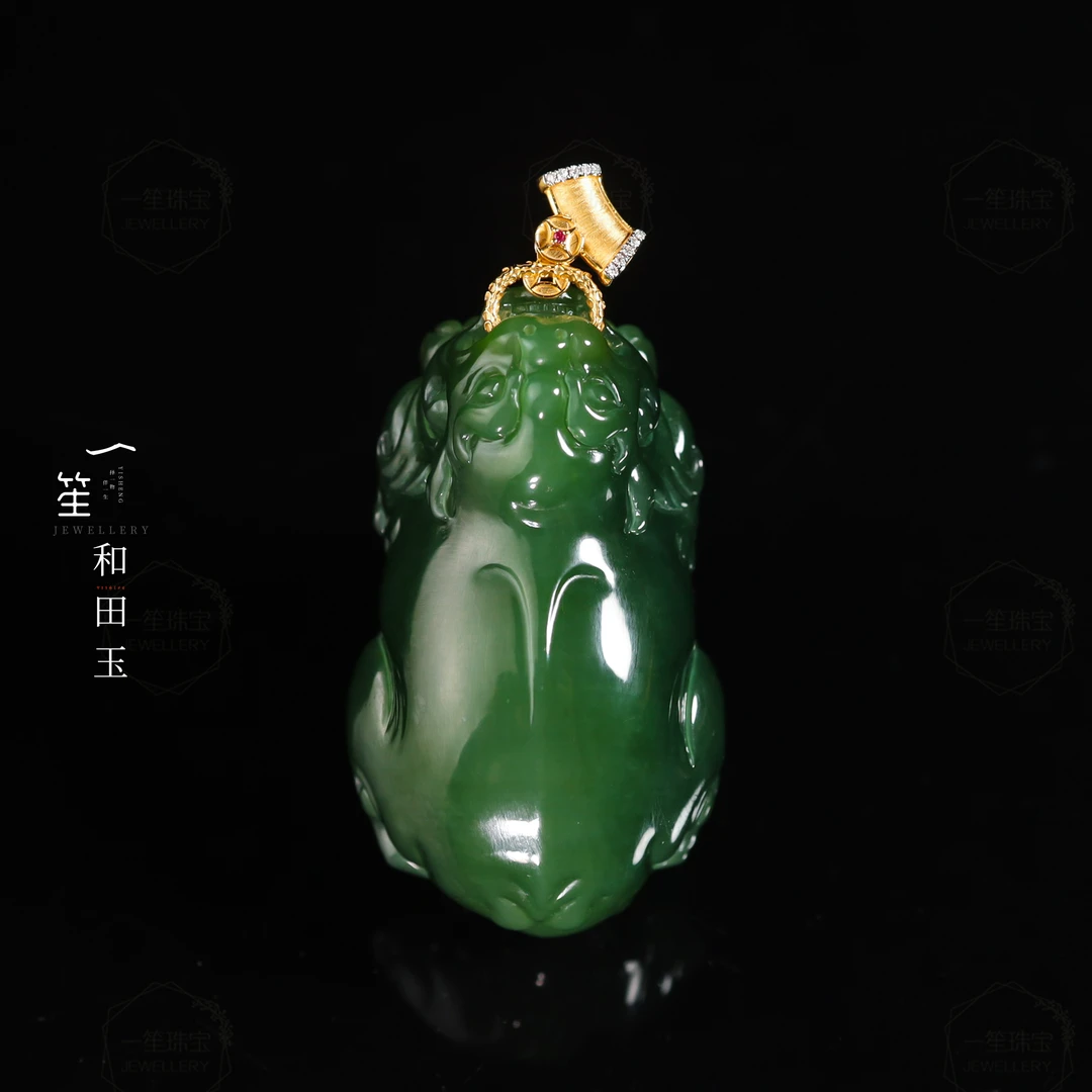 【一笙珠宝】收藏级和田玉碧玉貔貅吊坠18k镶嵌 YS19666