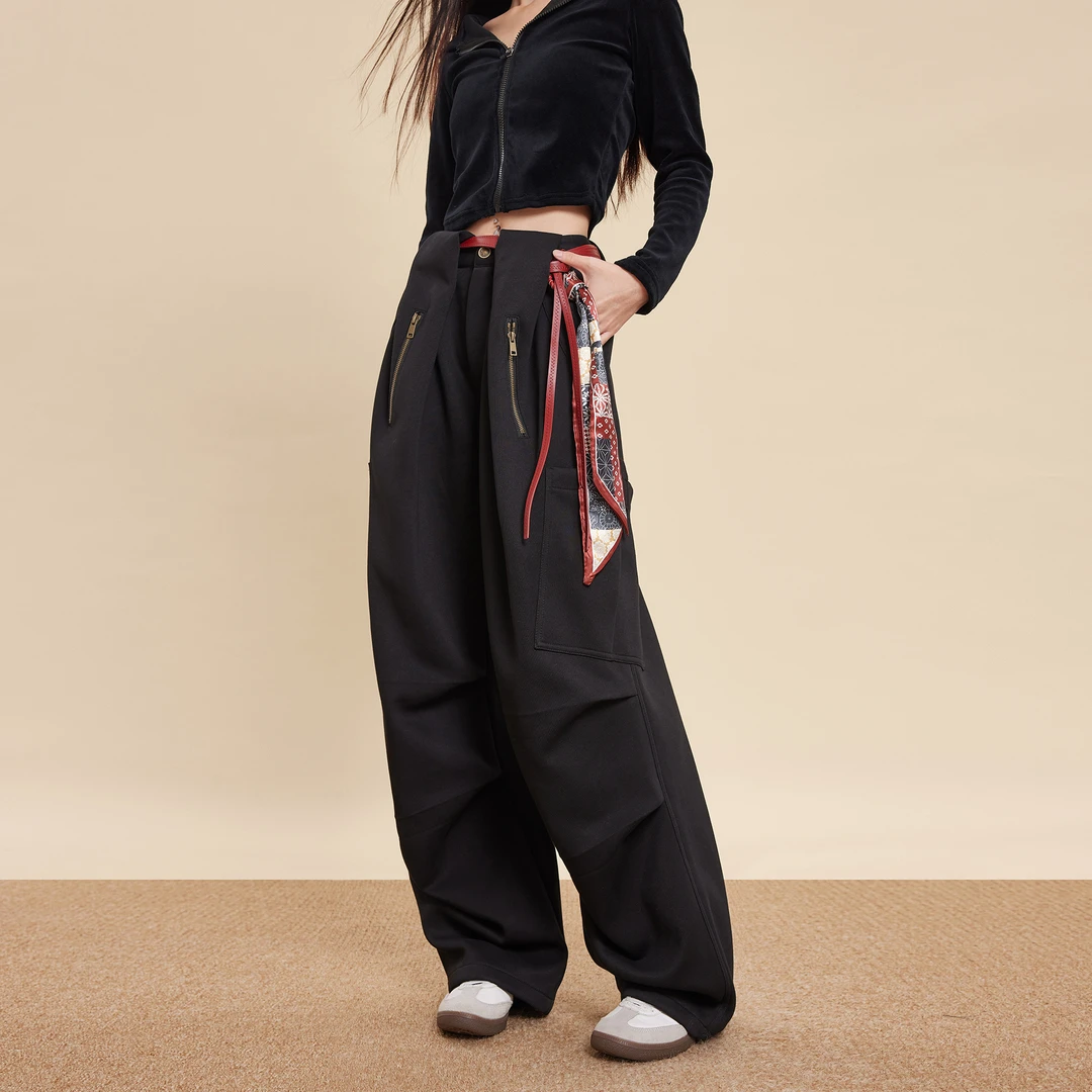 EDX黑色工装裤女早秋新款美式酷飒风宽松慵懒风拖地跳舞阔腿裤