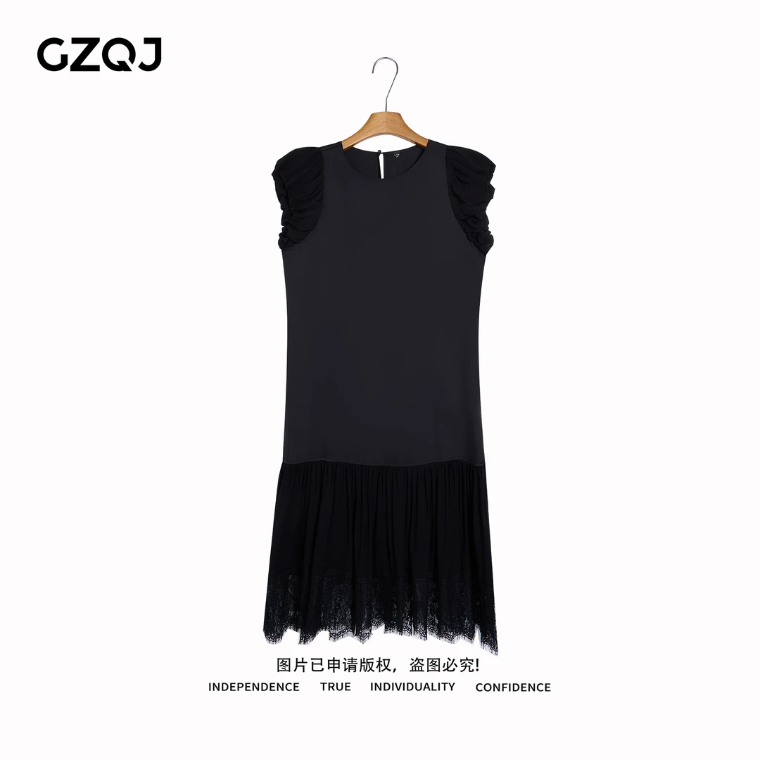 广州琴姐【简雅黑羽】欧若风显瘦拼接莱赛尔醋酸短袖连衣裙夏02550