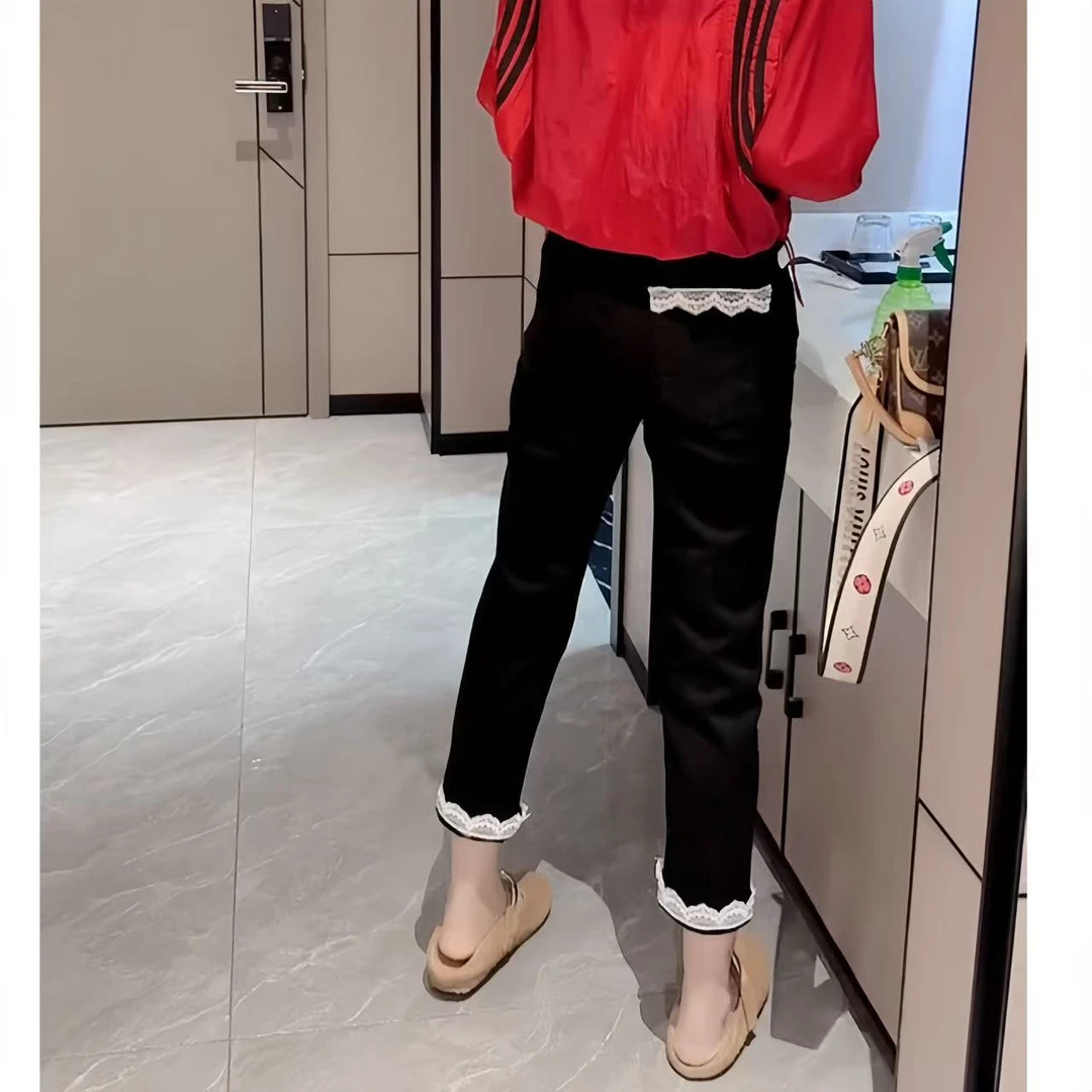 飞芊娅夏季新款高腰显瘦直筒牛仔裤小个子蕾丝拼接八分弹力烟管裤