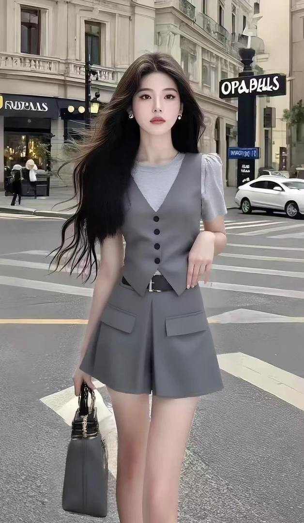马甲修身V领上衣气质休闲短裤法式气质甜美小清新个性氛围感辣妹