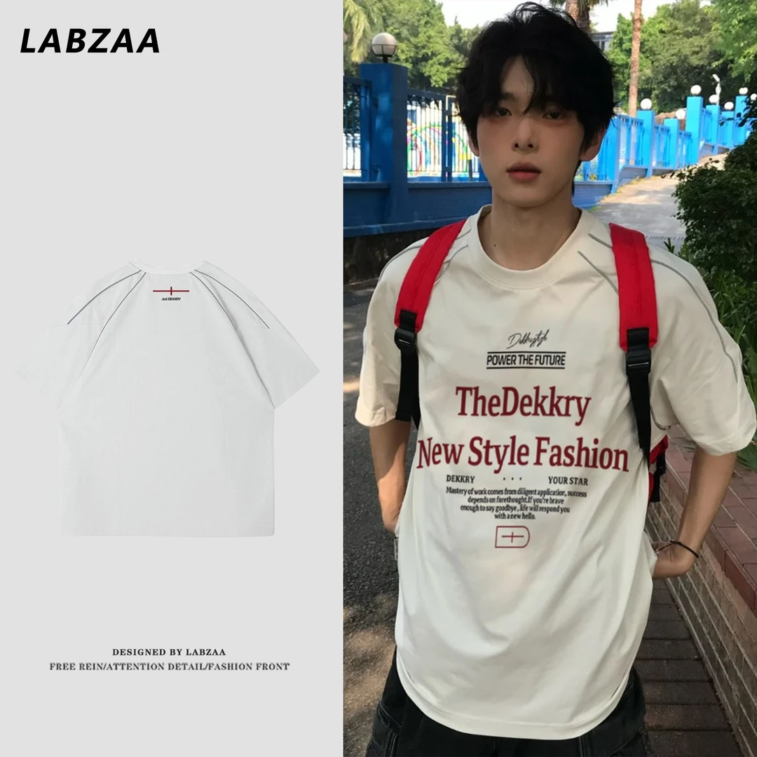 100%纯棉美式街头复古字母印花拼接短袖T恤男女夏季休闲宽松上衣