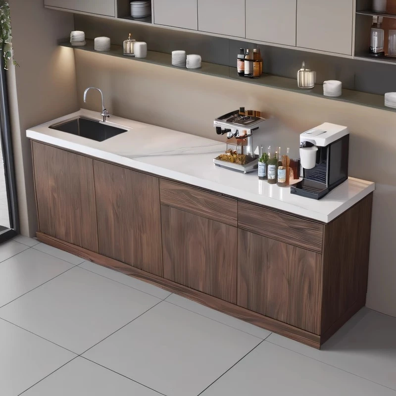 定制公司水吧台办公室茶水台大理石餐边柜橱柜实木水槽一体柜