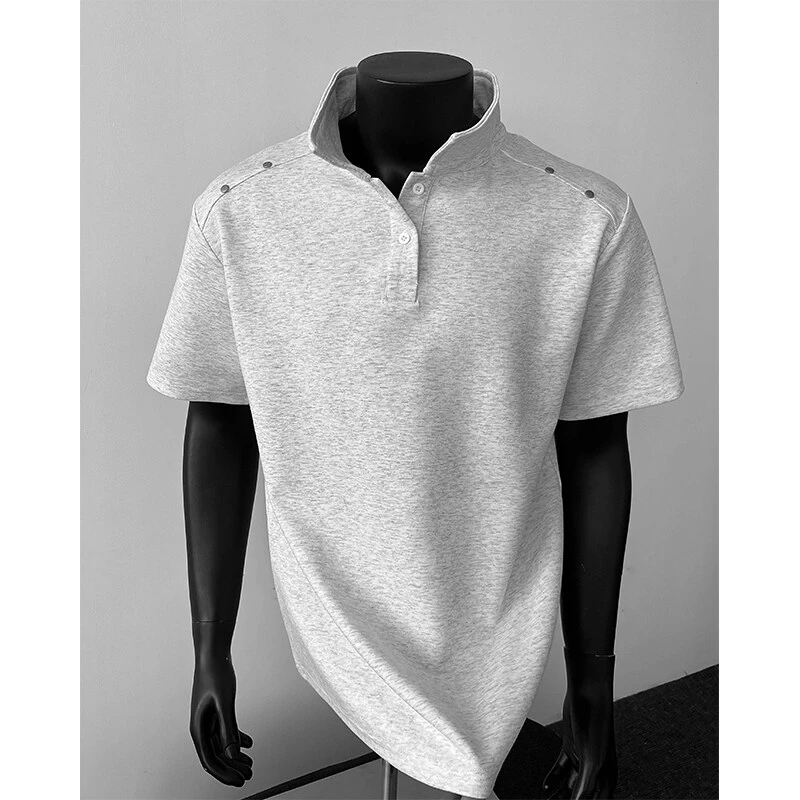 美式铆钉拼接正肩polo衫男夏季亨利领液氨棉短袖boxy版型重磅t恤