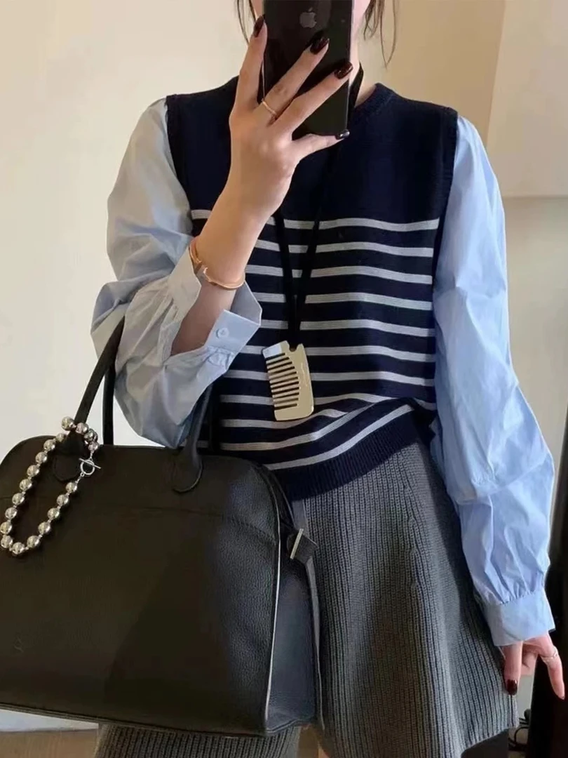 【设计感减龄】韩系条纹拼接马甲假两件高级感圆领针织衫-苋 19429-
