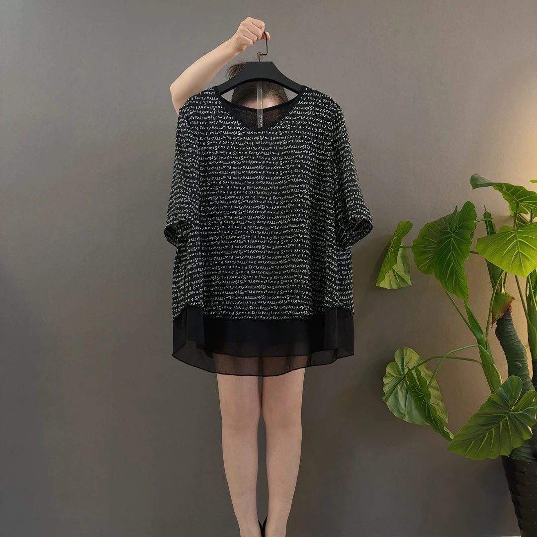 V圆领半袖雪纺拼接双层纱宽松显瘦雪纺衫