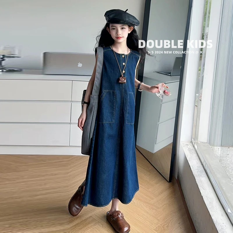 女童连衣裙儿童港风薄款牛仔裙2025新款女孩无袖夏装气质款背心裙