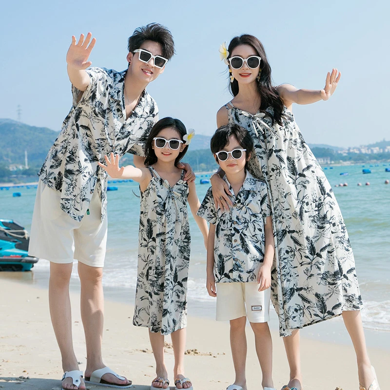 情侣沙滩套装男女三亚旅游度假亲子装洋气连衣裙花衬衫沙滩裤夏季