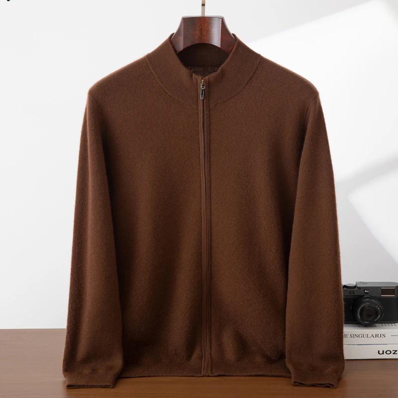【精纺加厚】男士100%山羊绒开衫中高领外套经典百搭68支