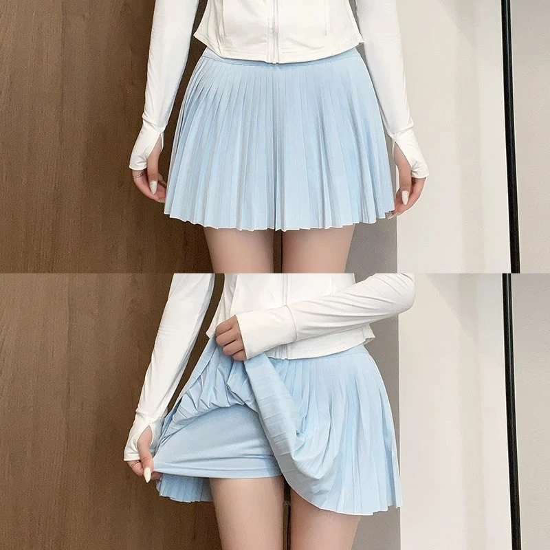 蓝色百褶裙女夏薄款高腰显瘦网球裙小个子防走光冰丝a字风琴短裙