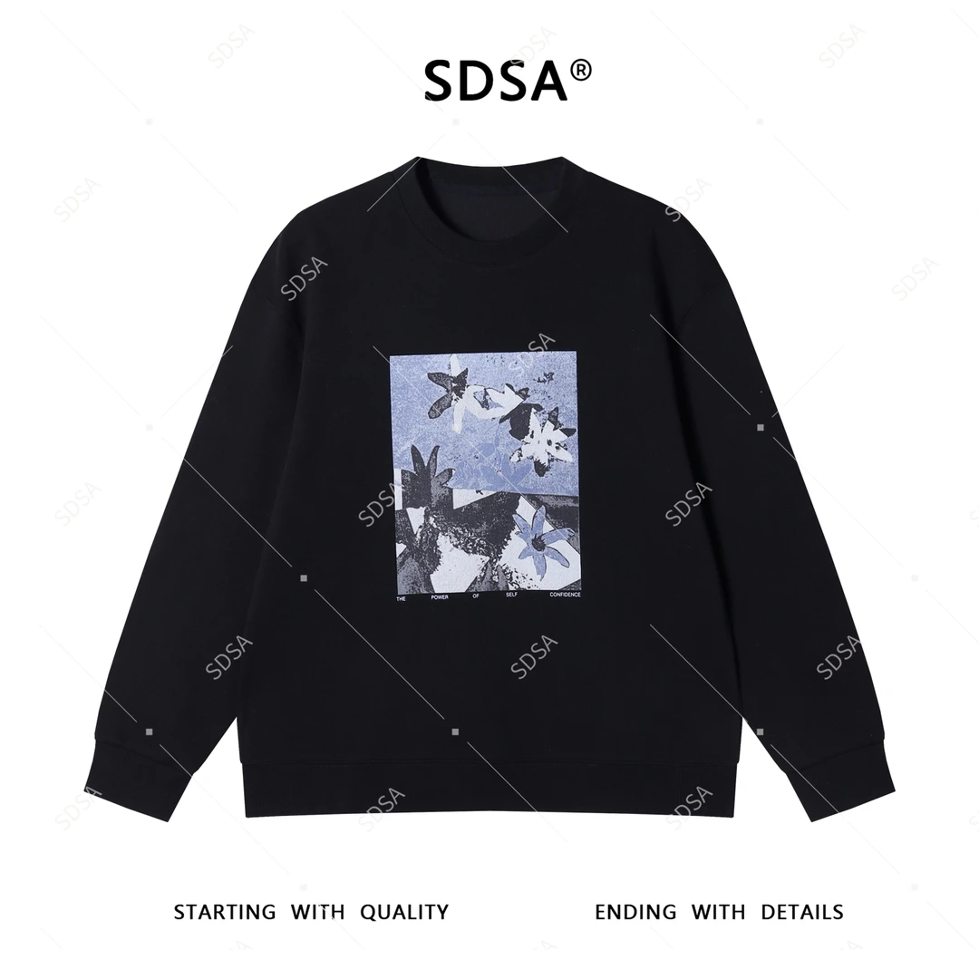 SDSA男士2025新款轻奢痞帅男装撞色胸前印花圆领卫衣美式潮牌上衣