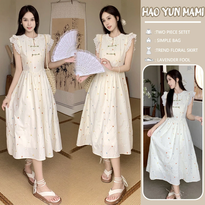 现货孕妇装2025新款法式甜美飞飞袖碎花刺绣蕾丝拼接时尚款连衣裙