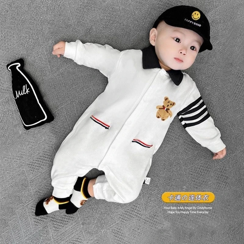 婴幼儿春秋季新款男宝宝时尚卡通小熊洋气哈衣婴儿连体衣爬服