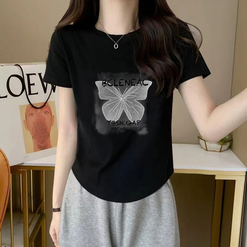 不规则圆弧形设计感T恤正肩圆领美式印花短袖修身百搭内搭上衣女