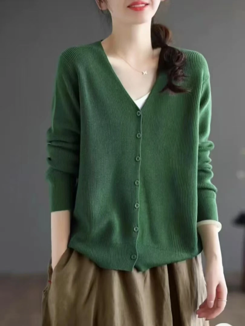 长袖针织衫百搭宽松显瘦洋气纯色开衫女春秋