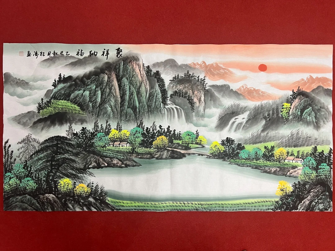 432四尺65x135cm聚祥纳福绿山水玄关书房客厅现代手工装饰画