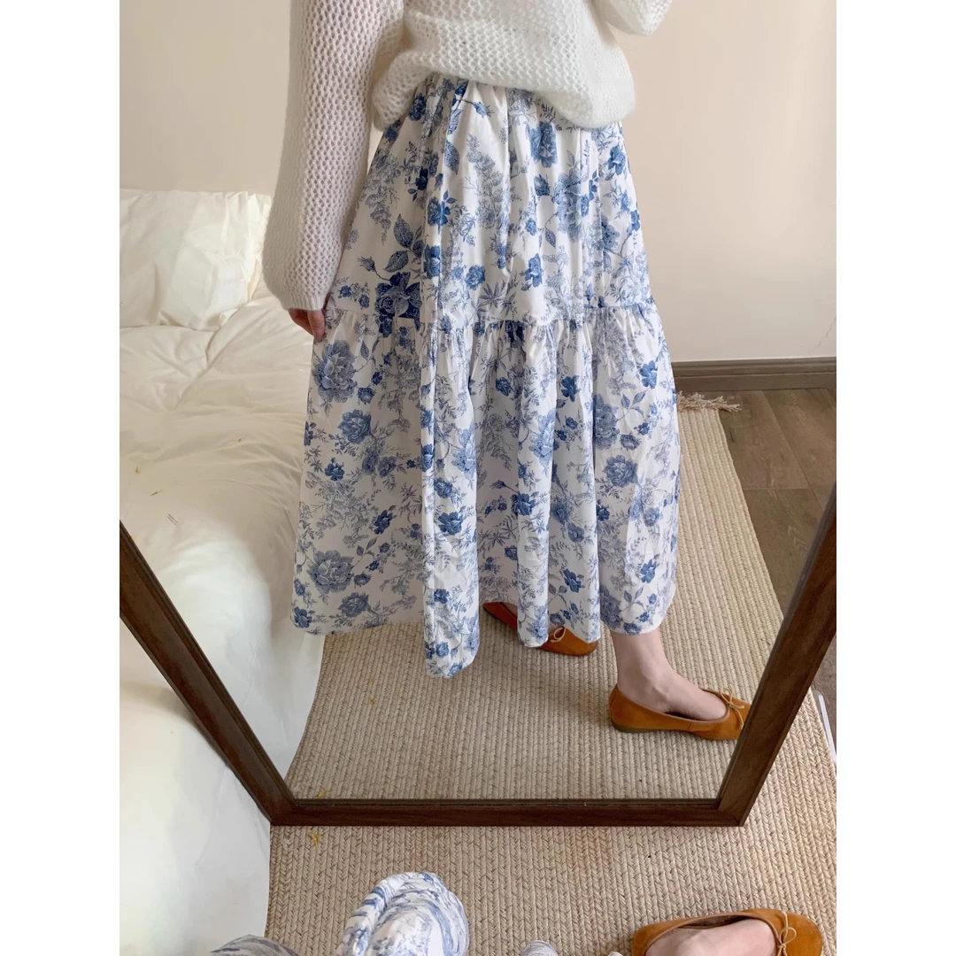 田园风森系秋冬气质减龄精梳棉碎花高腰显瘦宽松百搭碎花裙半身裙