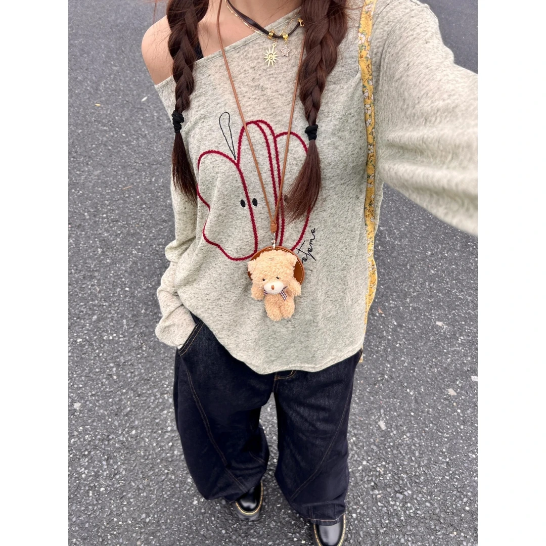 美式复古印花长袖正肩t恤罩衫女夏季2025百搭慵懒防晒空调上衣