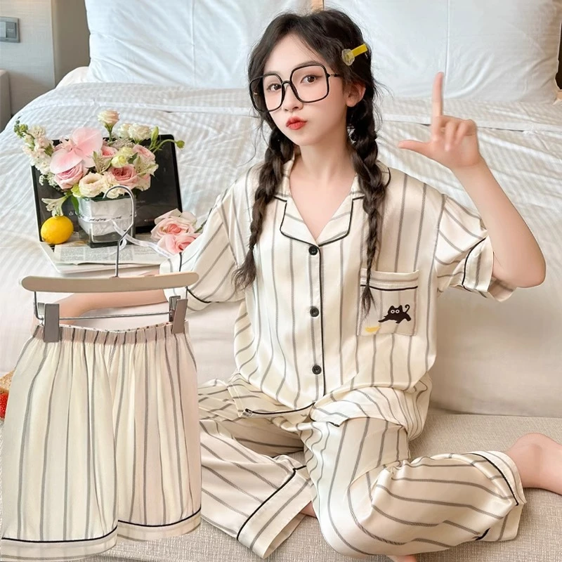 女童夏季冰丝睡衣中大童短袖长裤家居服三件套薄款空调服洋气套装