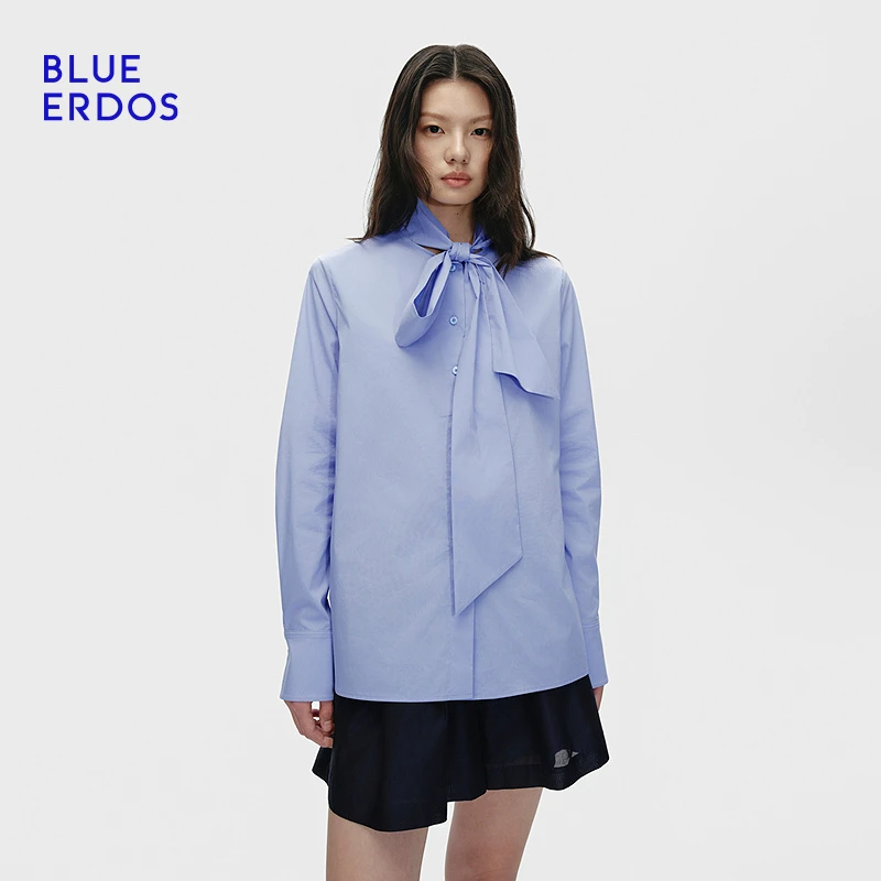 BLUE ERDOS 2025早秋新品气质简约淡蓝色正肩飘带衬衫女B256HB009
