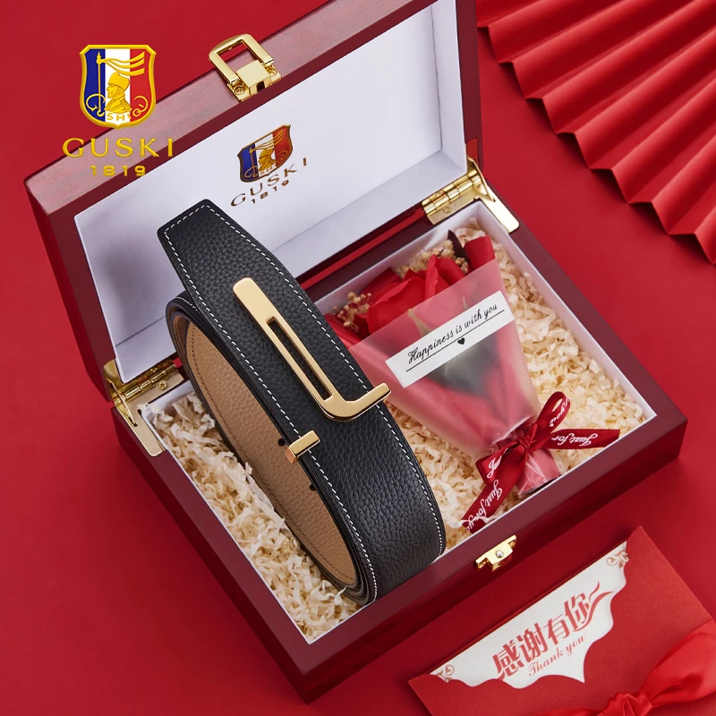 【生日礼物】古士旗皮带男款休闲真皮腰带平滑扣生日送爸爸男友实用