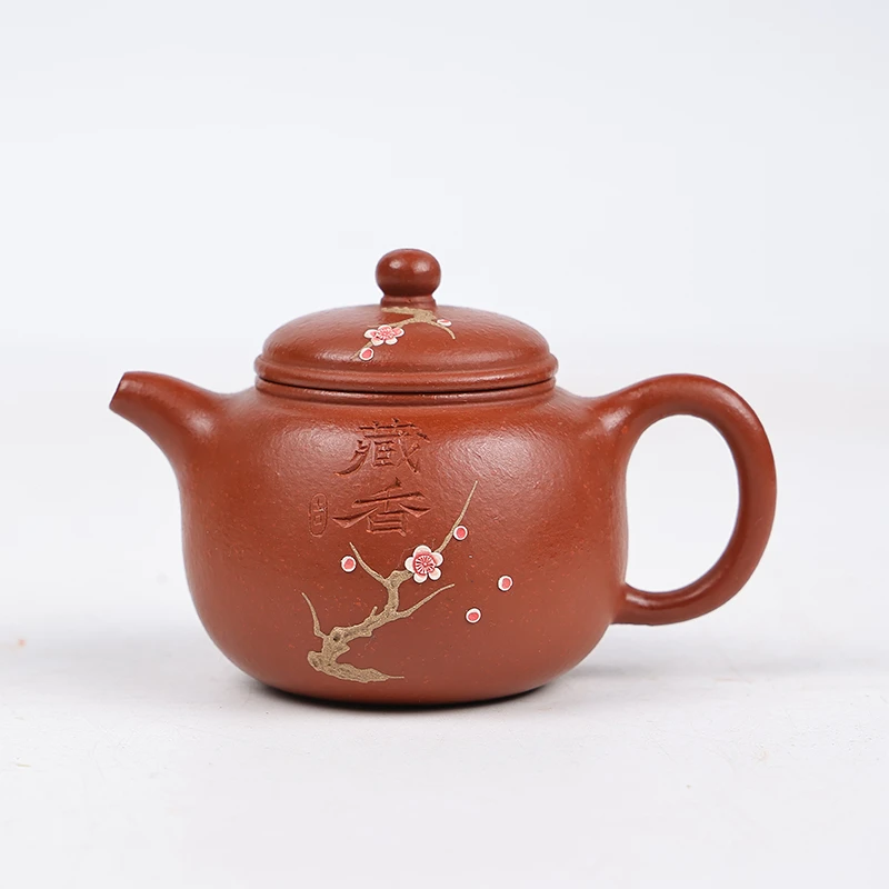 陶公粟原矿小煤窑朱泥刻绘《匏尊》110cc内推手制紫砂壶茶器小容量