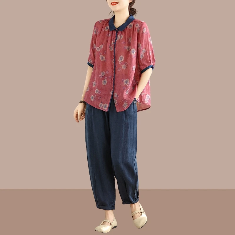 2025时尚新款韩版大码显瘦印花文艺复古两件套时髦洋气夏季套装女