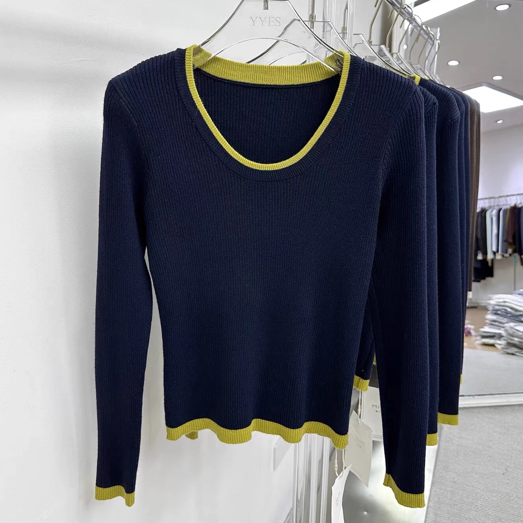 2025秋冬新款简约基础弹力百搭打底针织衫单穿假两件撞色女上衣