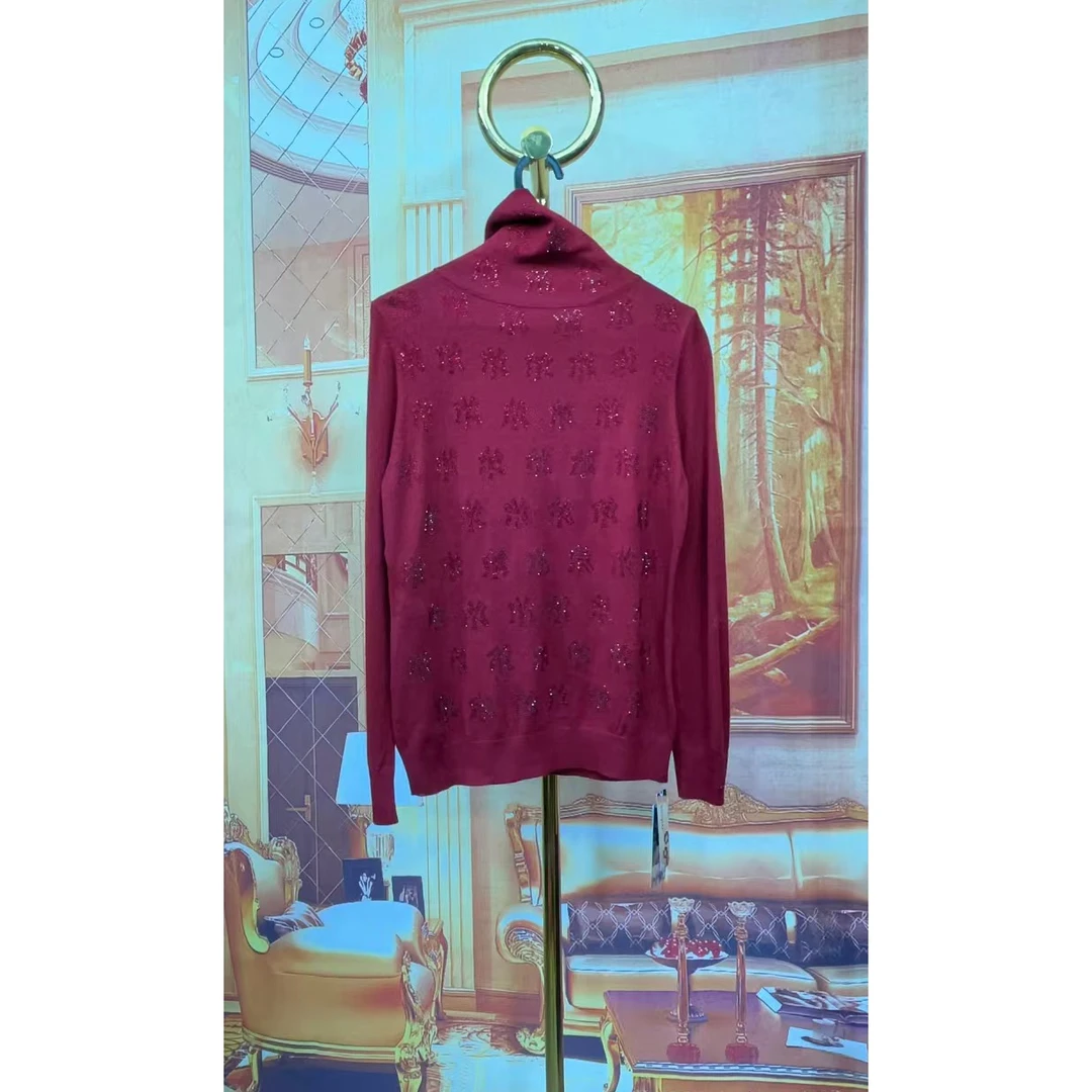 2728-486字母烫钻堆堆领长袖针织衫女修身时髦洋气百搭打底上衣