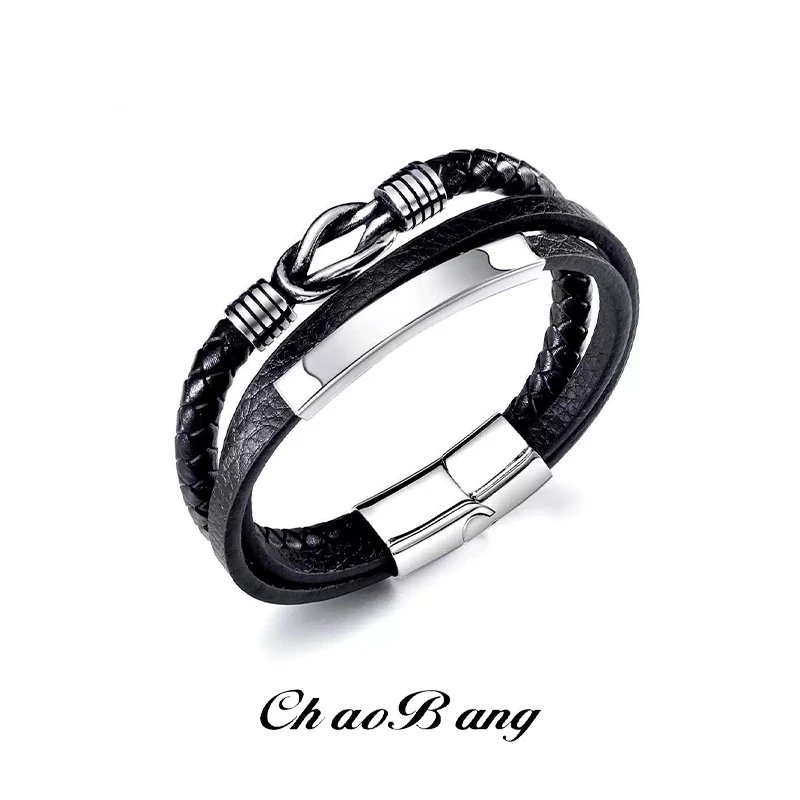 钛钢皮质手链 男士皮革钛钢手链编织皮绳高级感ins小众轻奢风简约