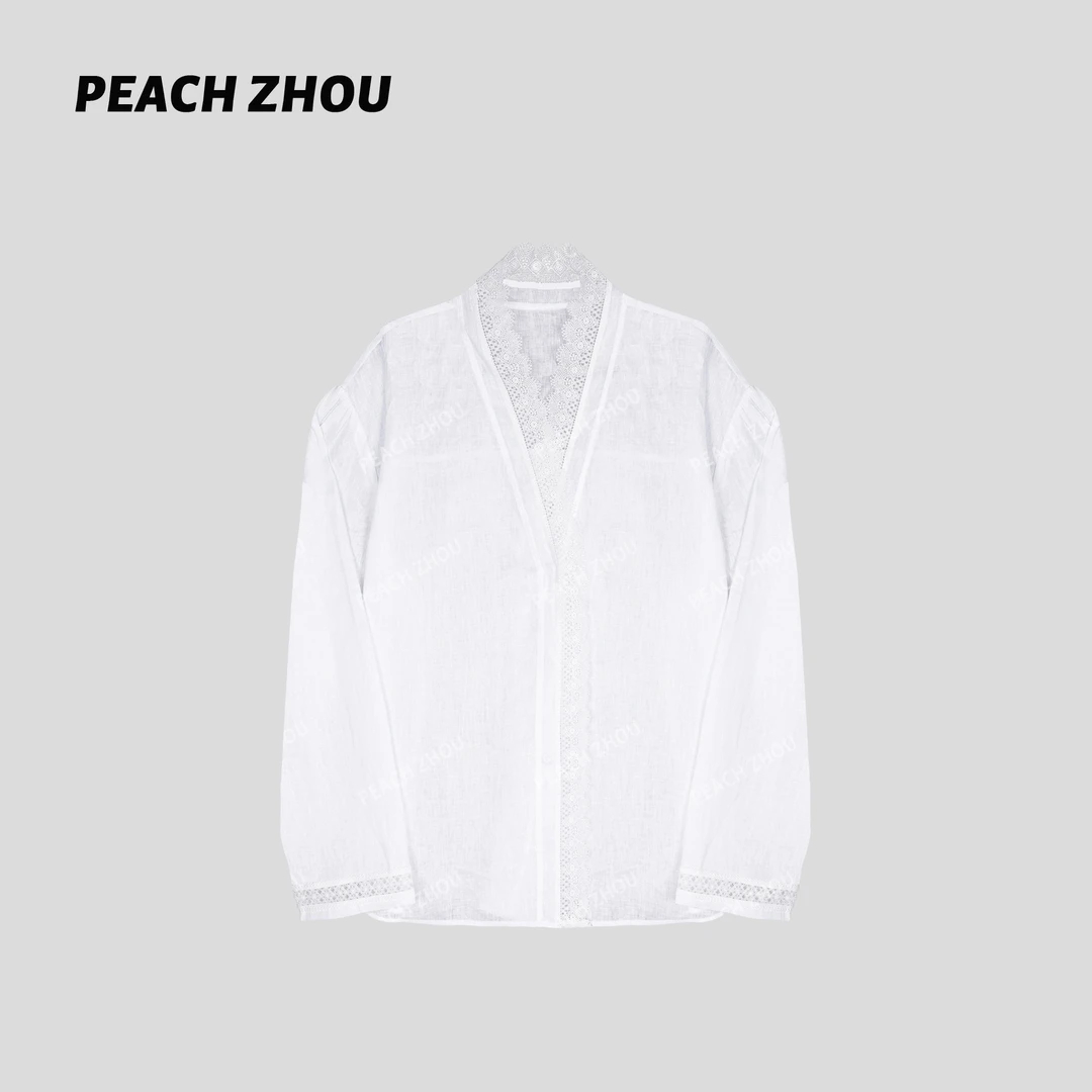 『PEACHZHOU』亚麻花边镂空纯欲高级感宽松V领系扣衬衫气质法式开衫