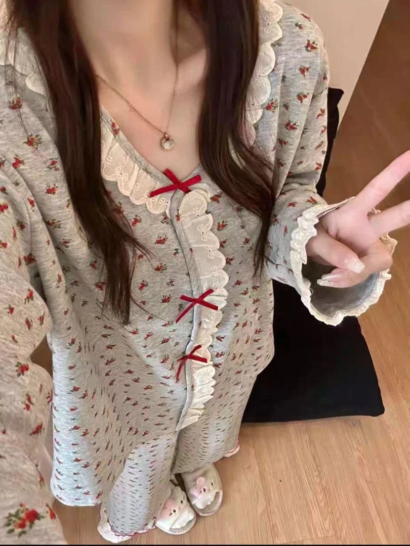 《纯棉》少女甜美蕾丝花边碎花睡衣女春秋新款长袖长裤家居服可外穿