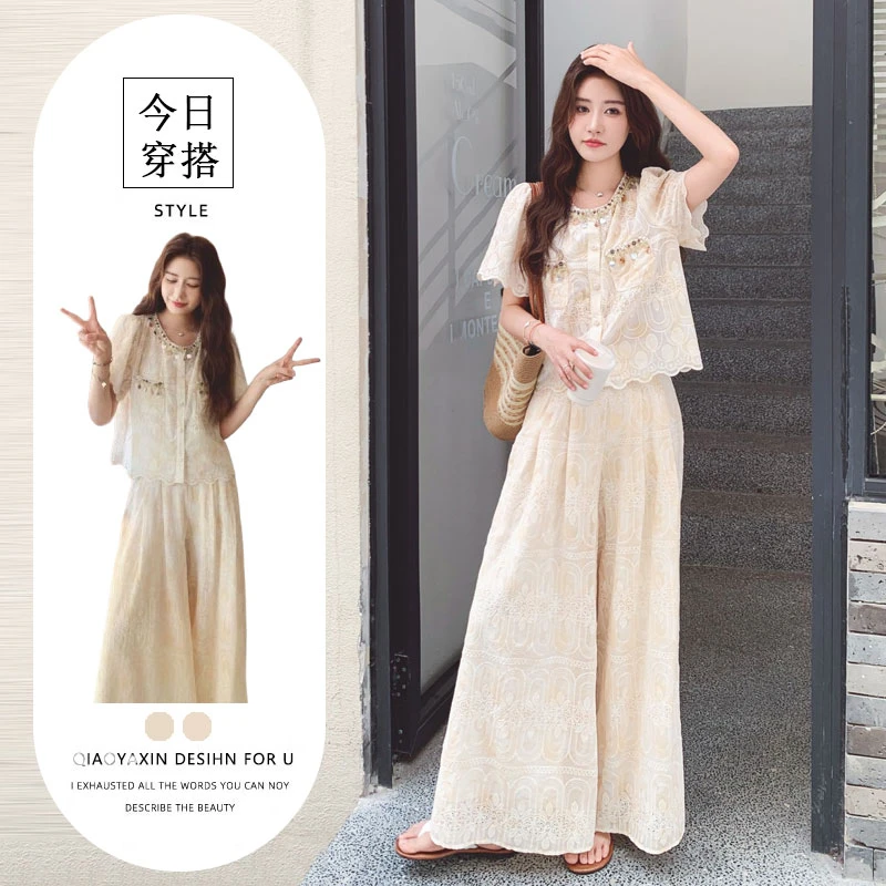 时尚小香风气质穿搭一整套女夏季蕾丝刺绣短袖上衣高腰阔腿裤套装