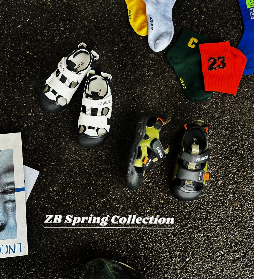 【哲豹】2025夏季新款【超帅-牛皮】儿童百搭休闲框子凉鞋运动鞋