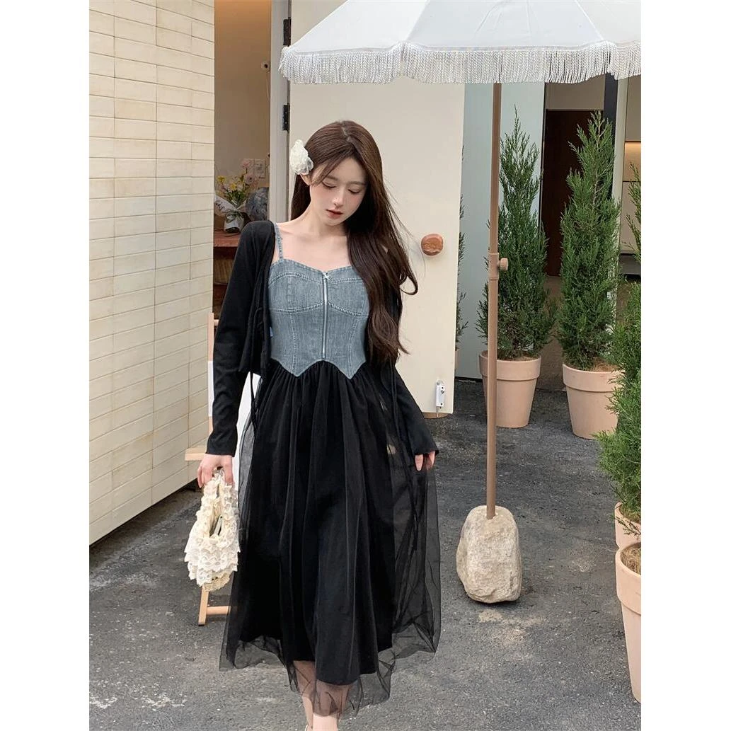 2025新款优雅法式纯欲风时尚洋气牛仔网纱拼接裙+防晒衫两件套女