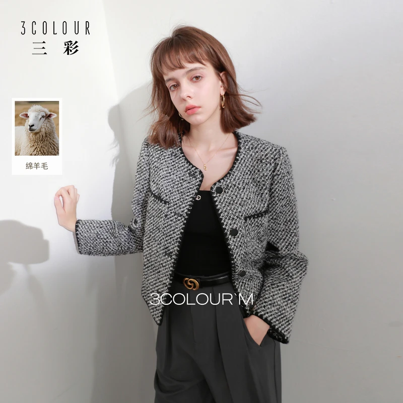 三彩2025冬季新款肌理感香风毛呢外套圆领贝壳绣短款气质M