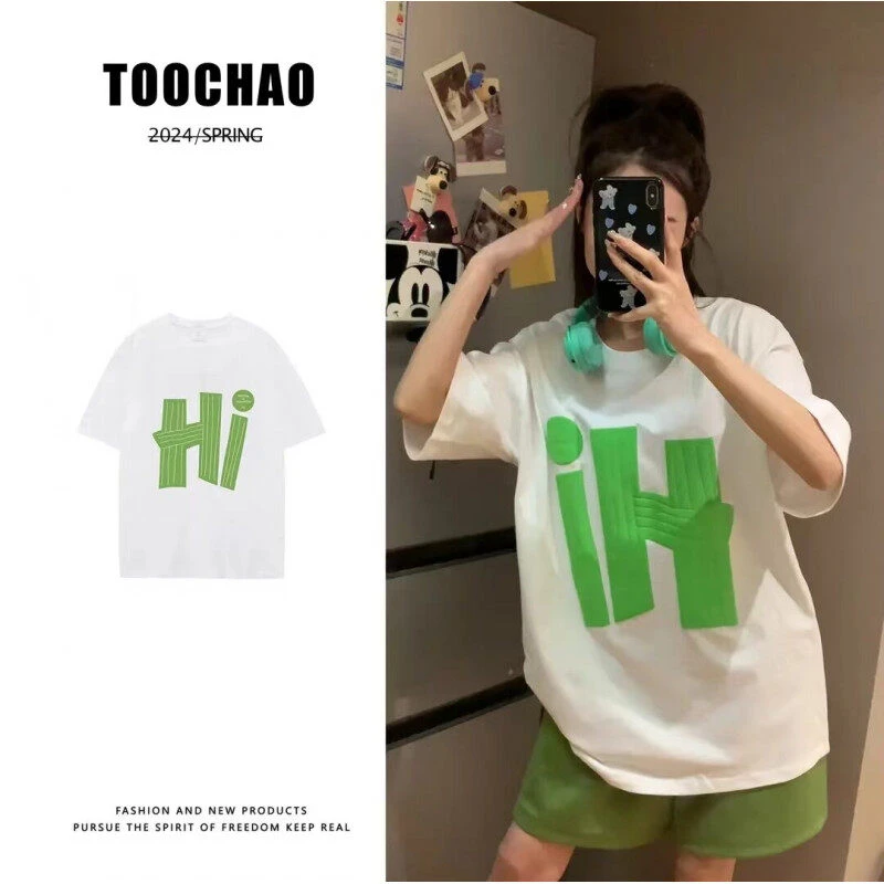 【你莓事吧】Hi夏季卡通字母印花圆领百搭t恤爆款潮流设计感短袖ins