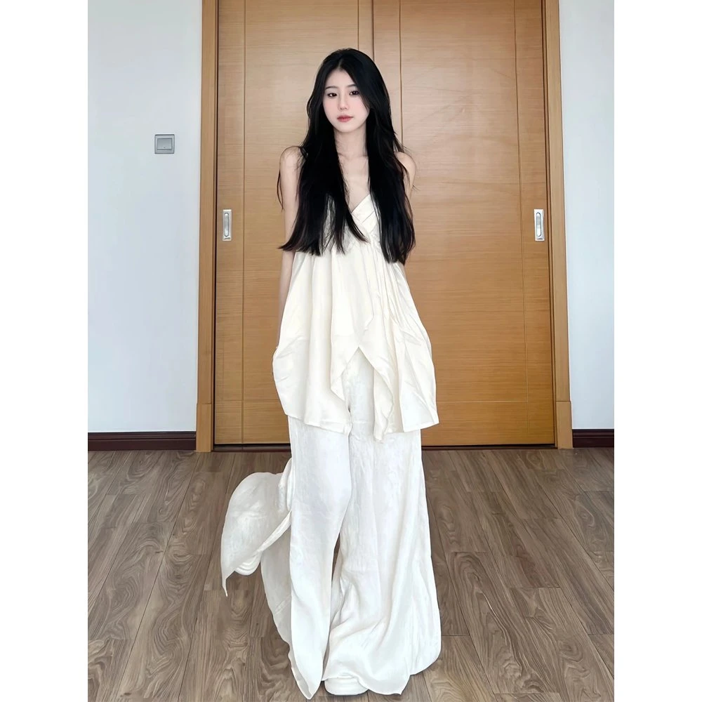 慵懒风休闲套装春夏宽松V领吊带上衣低腰拖地感阔腿裙裤两件套女