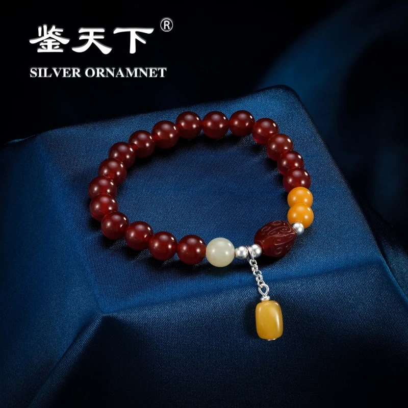 鉴天下天然红玛瑙串珠蜜蜡随形流苏手串06200426