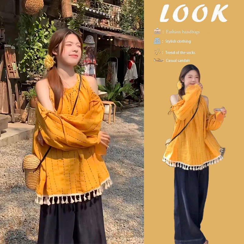 2025新款夏季穿搭女设计感镂空长袖挂脖露肩上衣阔腿牛仔裤两件套