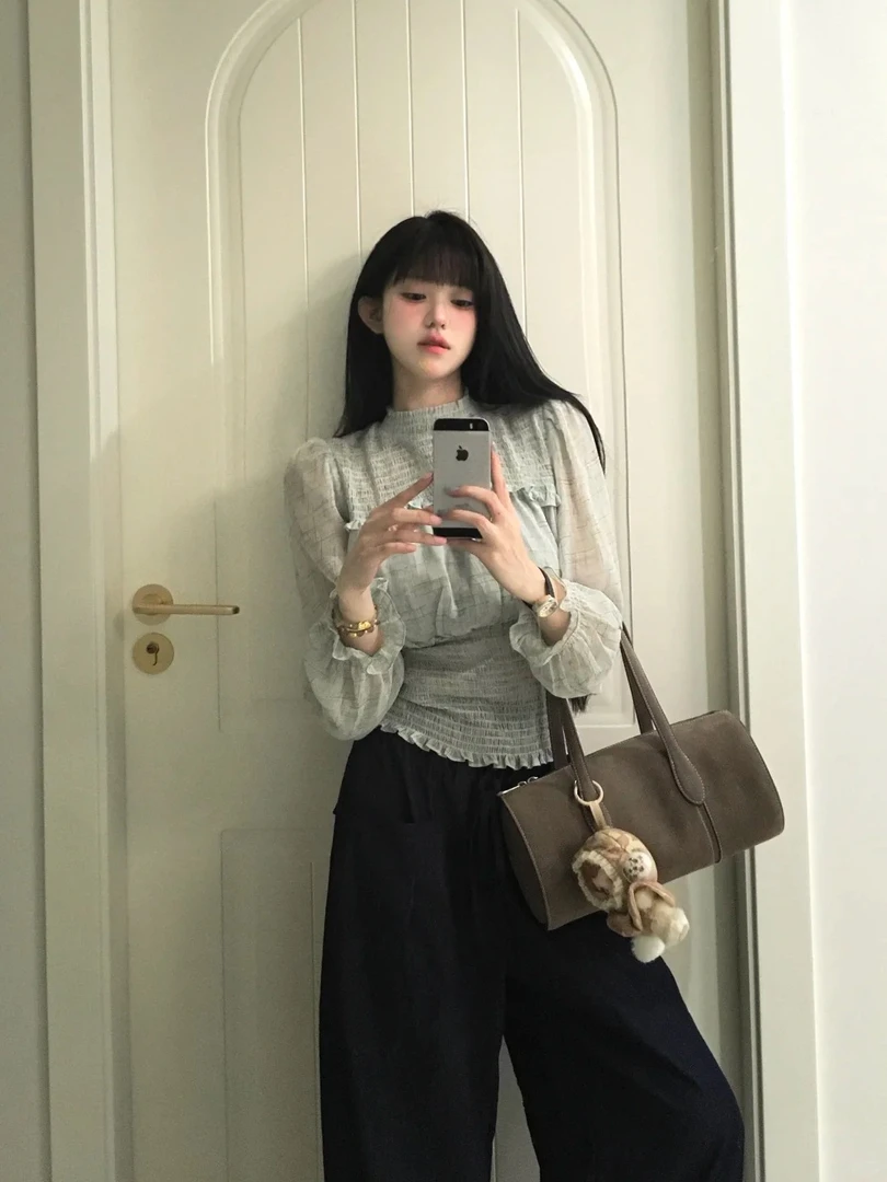 早秋2025新款森系ins风雪纺衫阔腿长裤两件套女宽松气质时尚套装