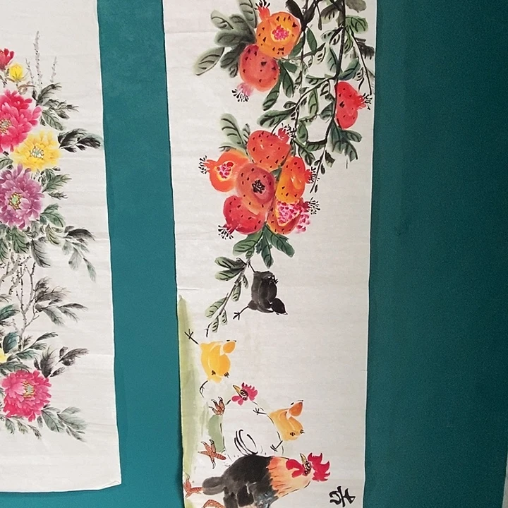 国画四尺对开手绘花鸟