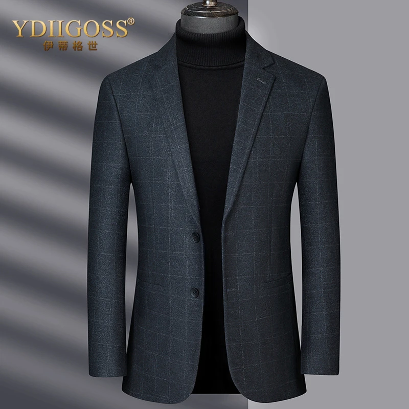 YDIIGOSS格纹单西服男春秋时尚中年商务休闲磨毛免烫西装外套