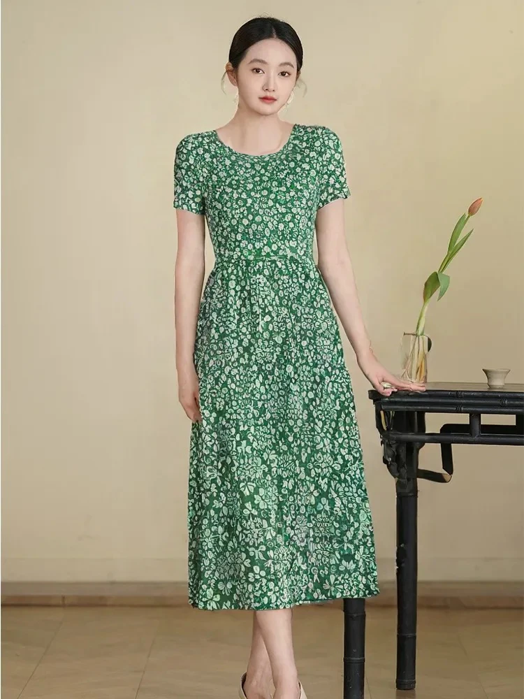 FF【国色天香】褶皱连衣裙气质显瘦薄款弹力印花裙妈妈长裙 311