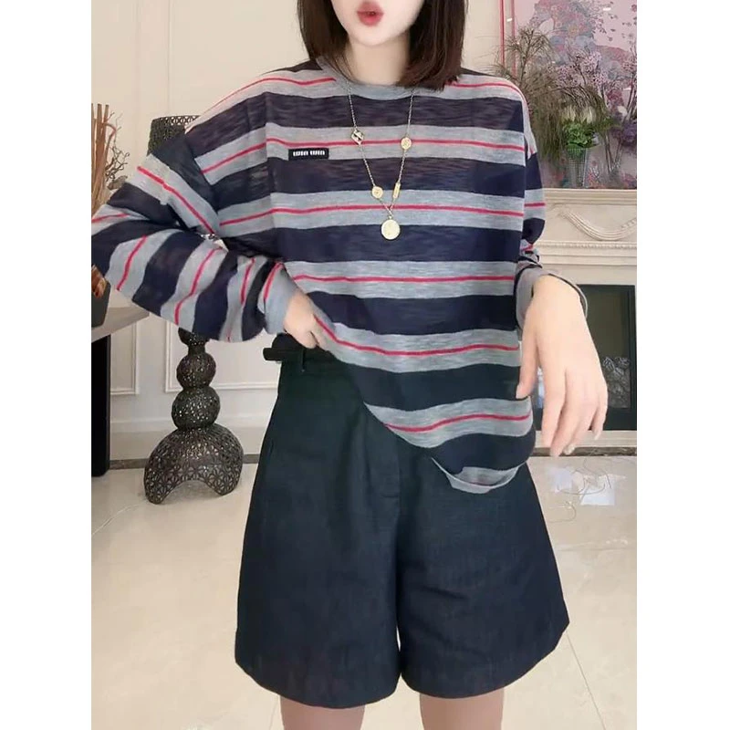 时尚百搭透气条纹长袖T恤女士2025夏季新款气质宽松上衣洋气爆款