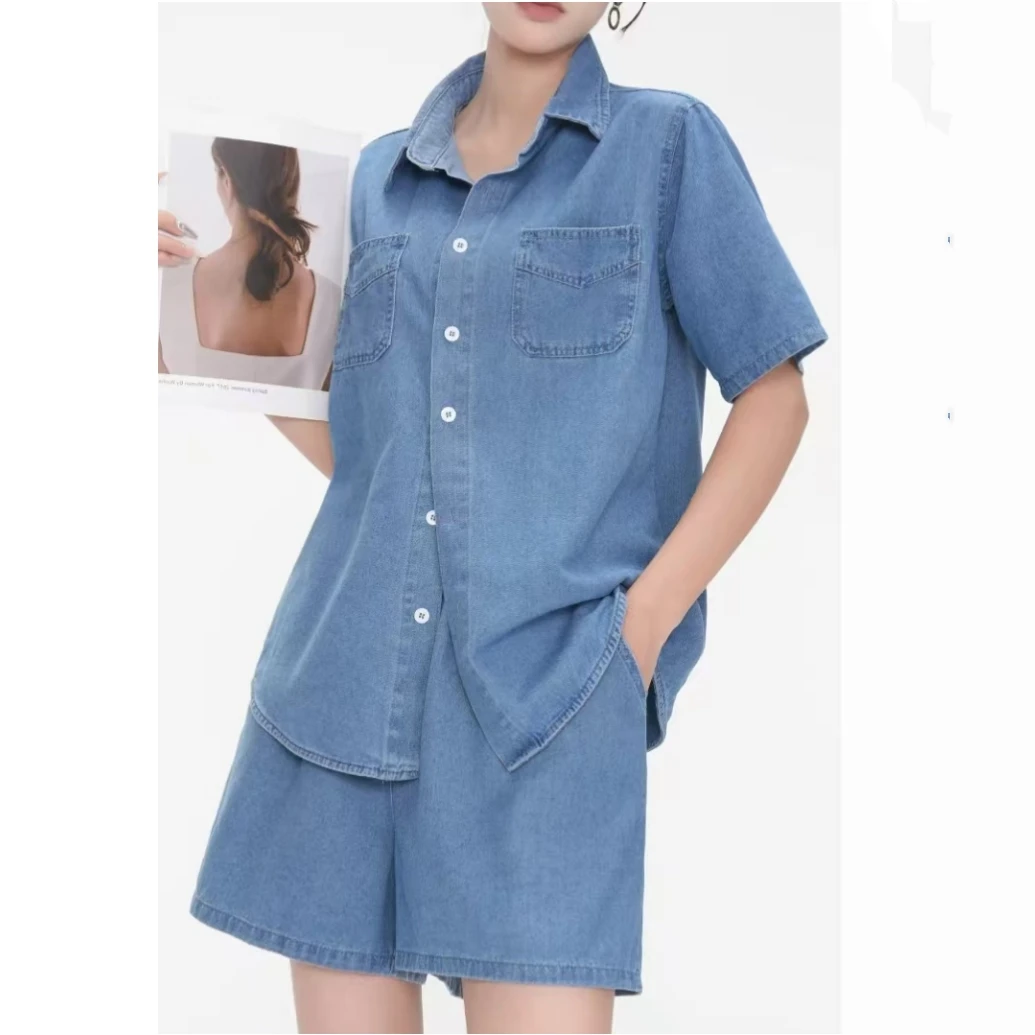 牛仔裤套装夏季设计感小众衬衣港风复古蓝色上衣短袖休闲阔腿短裤