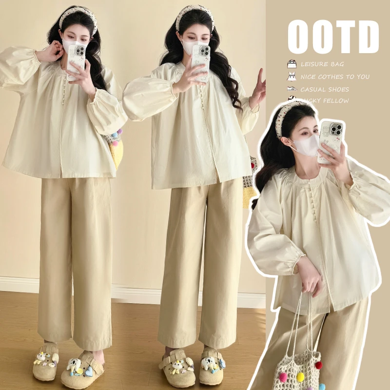 X3909#1.9 春装简约珍珠领口通勤孕妇衬衫+卡其色直筒高腰休闲裤