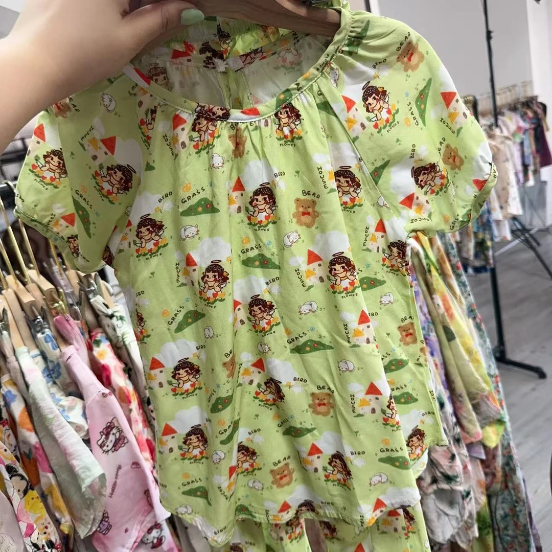 绿不二  女套棉绸亲子短袖套装女童可爱短袖长裤套装